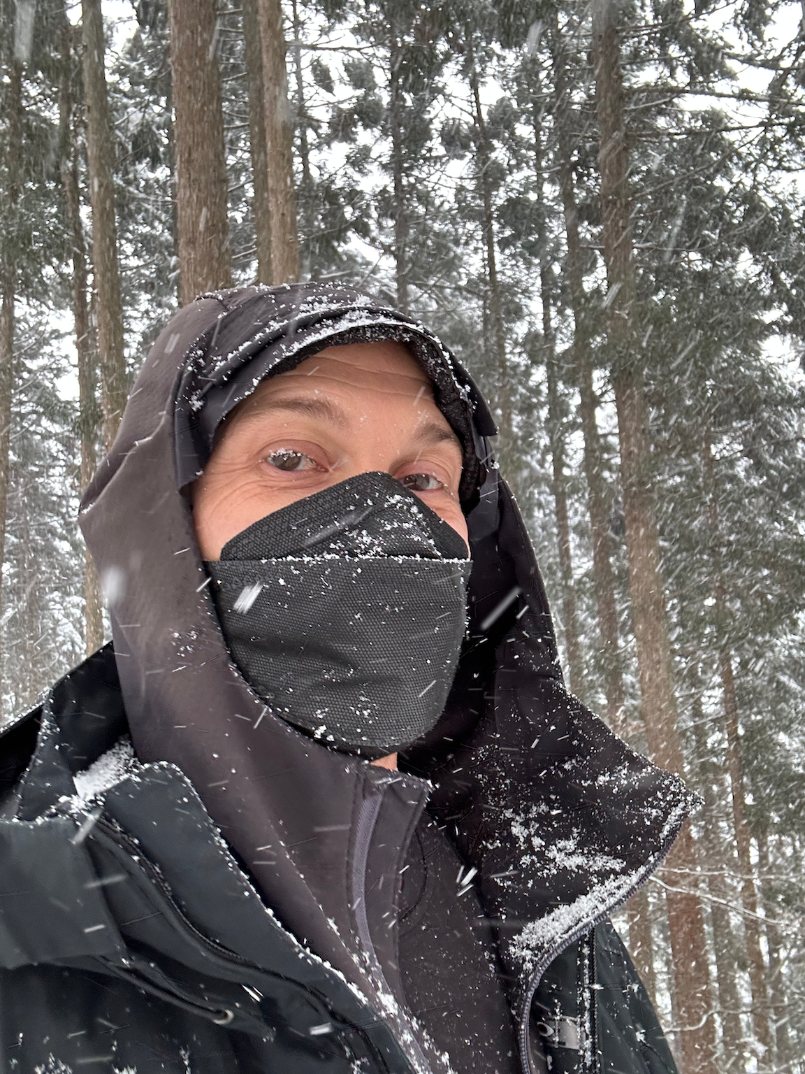 Scott in the snow in Nagano wearing a black KN-94 equivilant