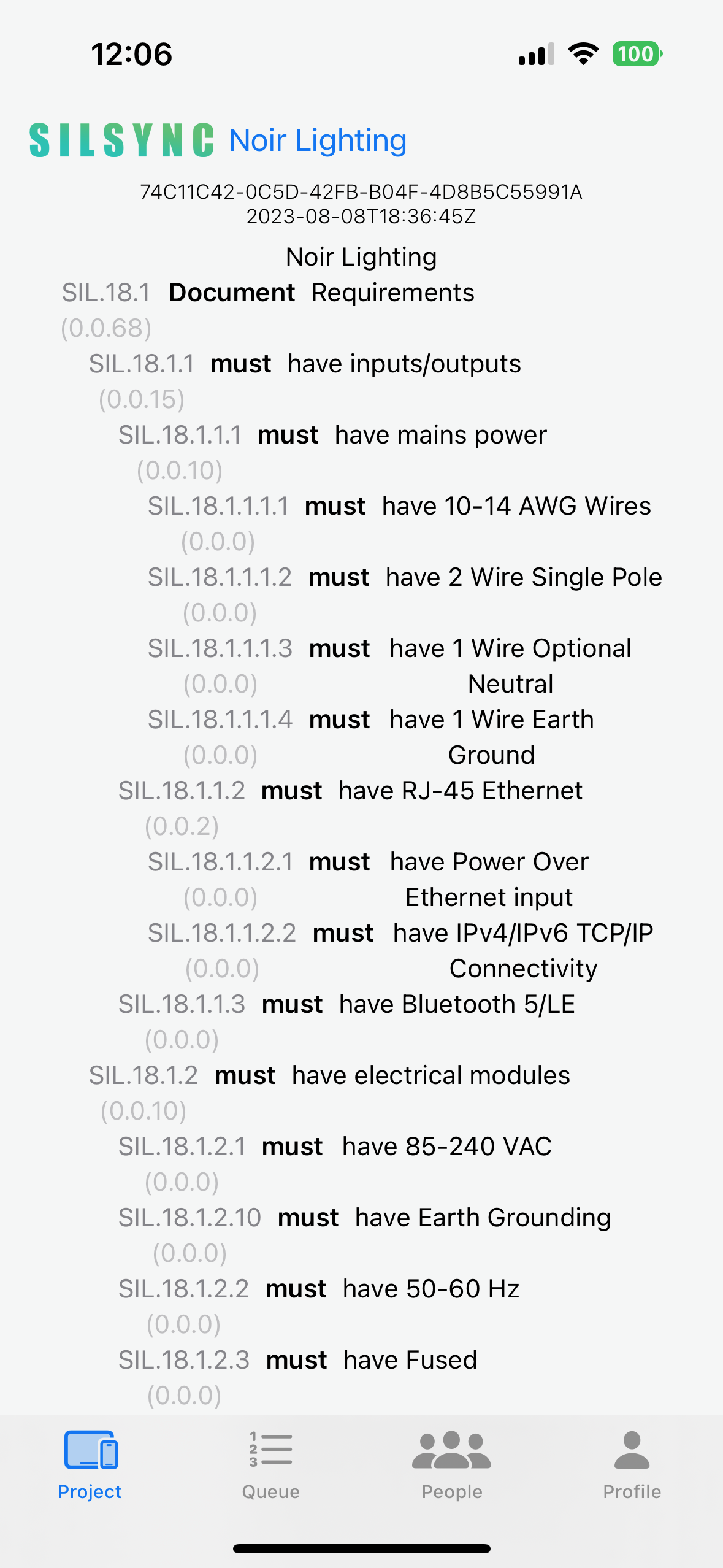 SILSYNC/Flow iOS App showing a Product Requirements Document / Specification view for the Noir Switch