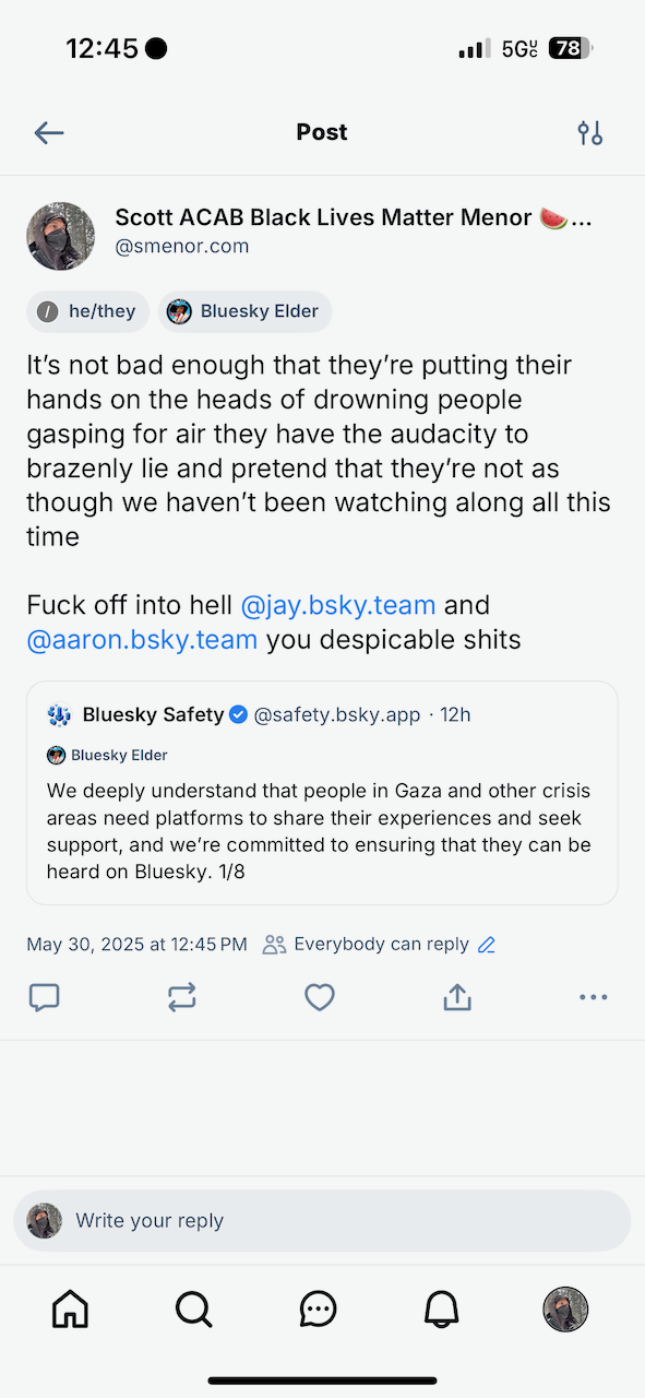It's not bad enough that they're putting their hands on the heads of drowning people gasping for air they have the audacity to brazenly lie and pretend that they're not as though we haven't been watching along all thistime Fuck off into hell @jay.bsky.team and@aaron.bsky.team you despicable shits
